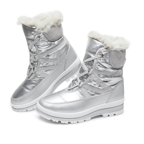 Warm Fur Lined Mid-Calf Boots Waterproof Winter Snow Boots Non-slip - Silver - Picture 1 of 6